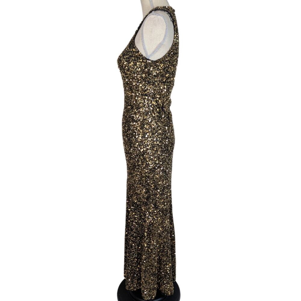 Theia Gold Sequin Gown Size 4 Black Gold Sleeveless Mermaid Maxi Dress - Picture 3 of 16